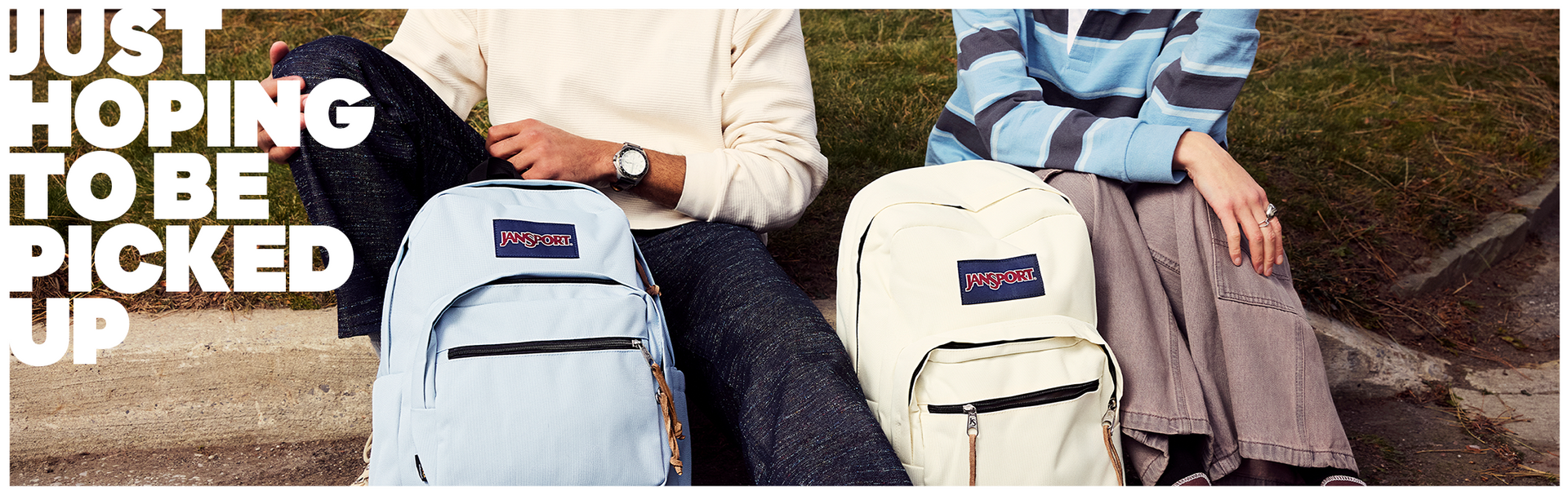 Two people sitting on a bench with JanSport Right Pack backpacks, text 'Just hoping to be picked up' on the left.