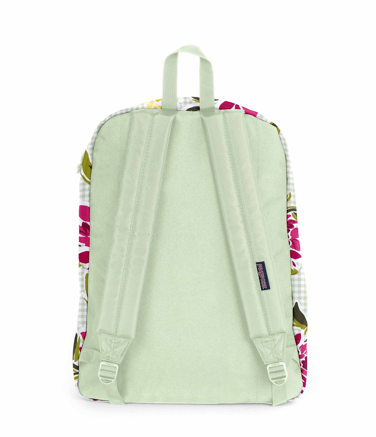 SuperBreak One JanSport Backpack in Garden Tea Party pale green bag with pink floral design and dark interior back