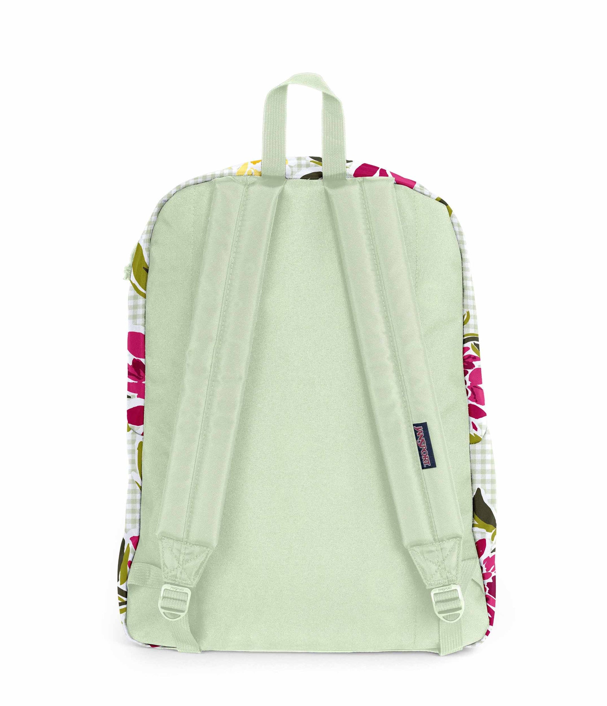 SuperBreak One JanSport Backpack in Garden Tea Party pale green bag with pink floral design and dark interior back