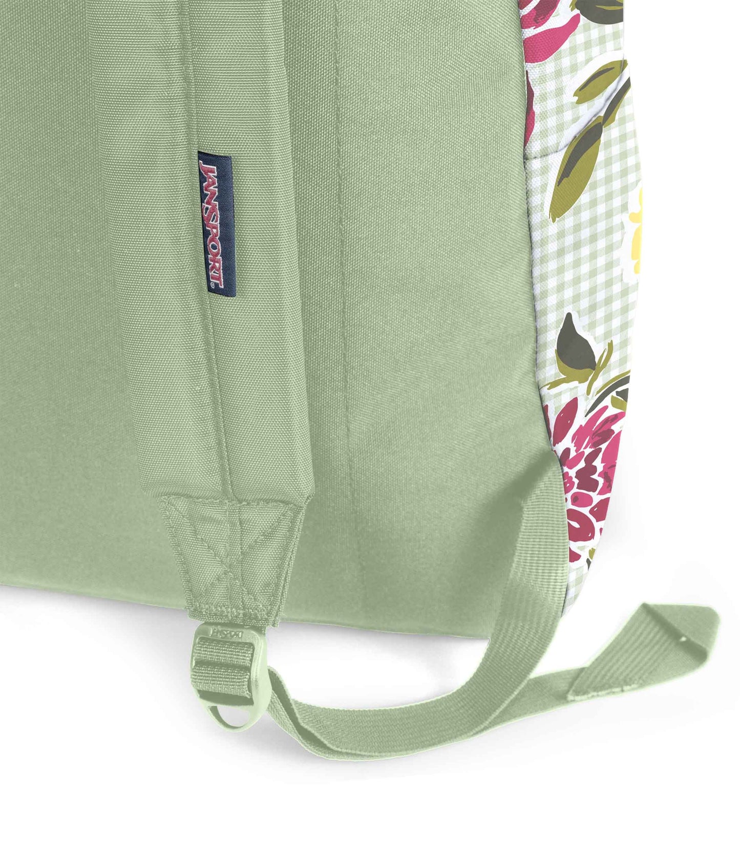 SuperBreak One JanSport Backpack in Garden Tea Party pale green bag with pink floral design and dark interior close up