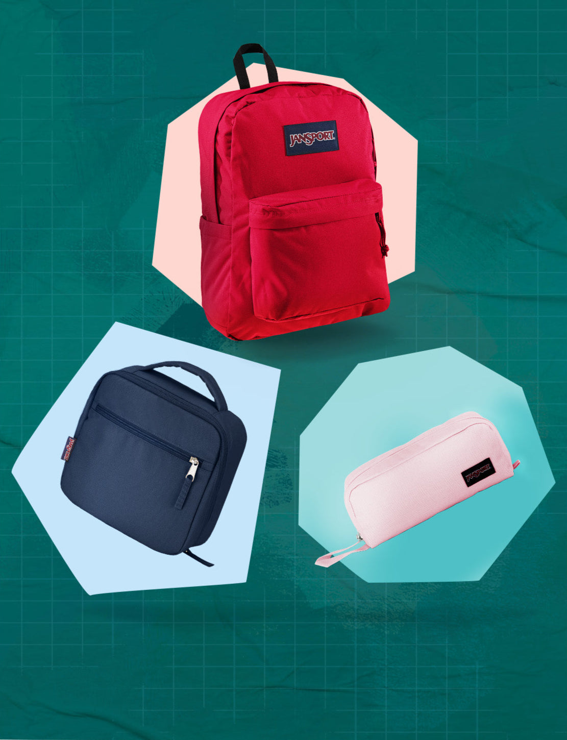 jansport accessories and jansport schoolbags - Red backpack, black lunch bag, and pink pencil case on a teal background